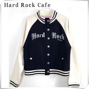 Hard Rock Cafe Chicago Varsity Bomber Jacket Black and Vanilla White New
